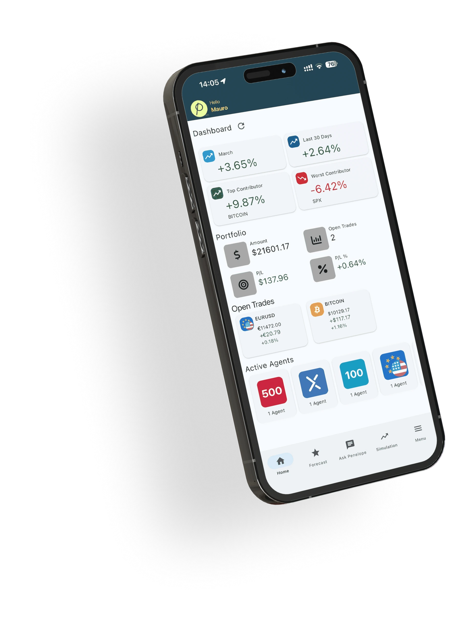 Schermata reale del portafoglio multi-asset di Penelope Personal