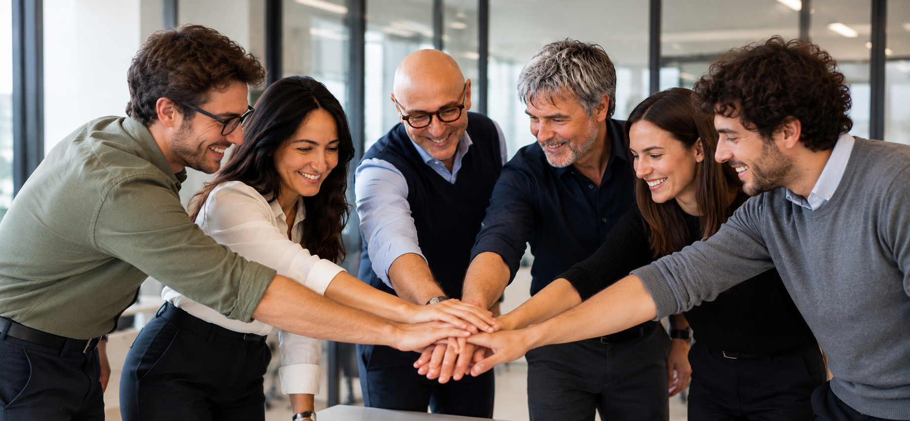 Il team Penelope riunito in ufficio, con le mani unite al centro