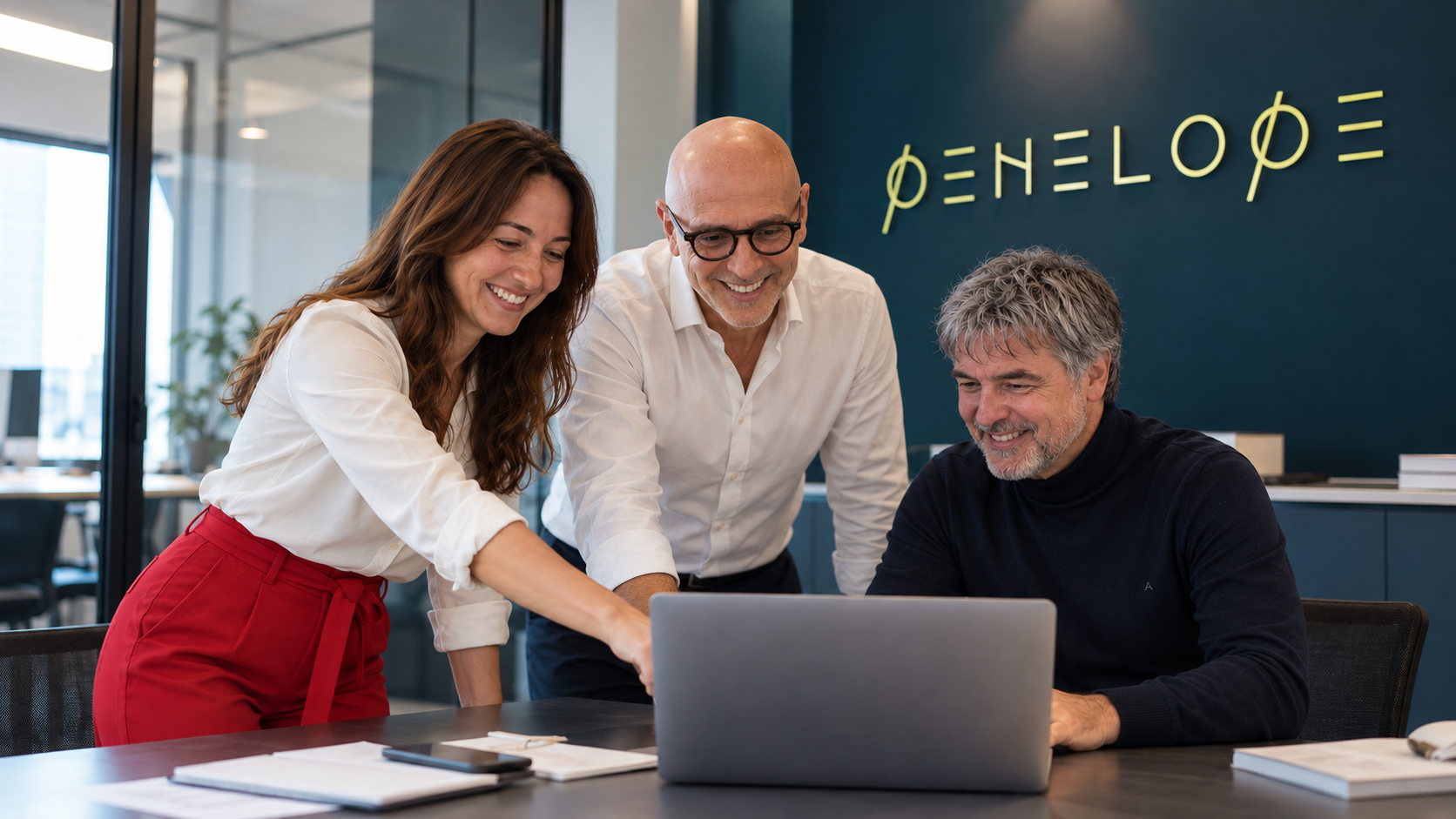 Il team Penelope collabora davanti a un computer